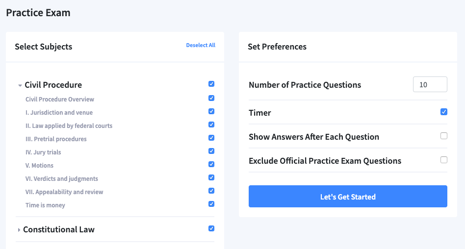 Practice MBE quiz settings